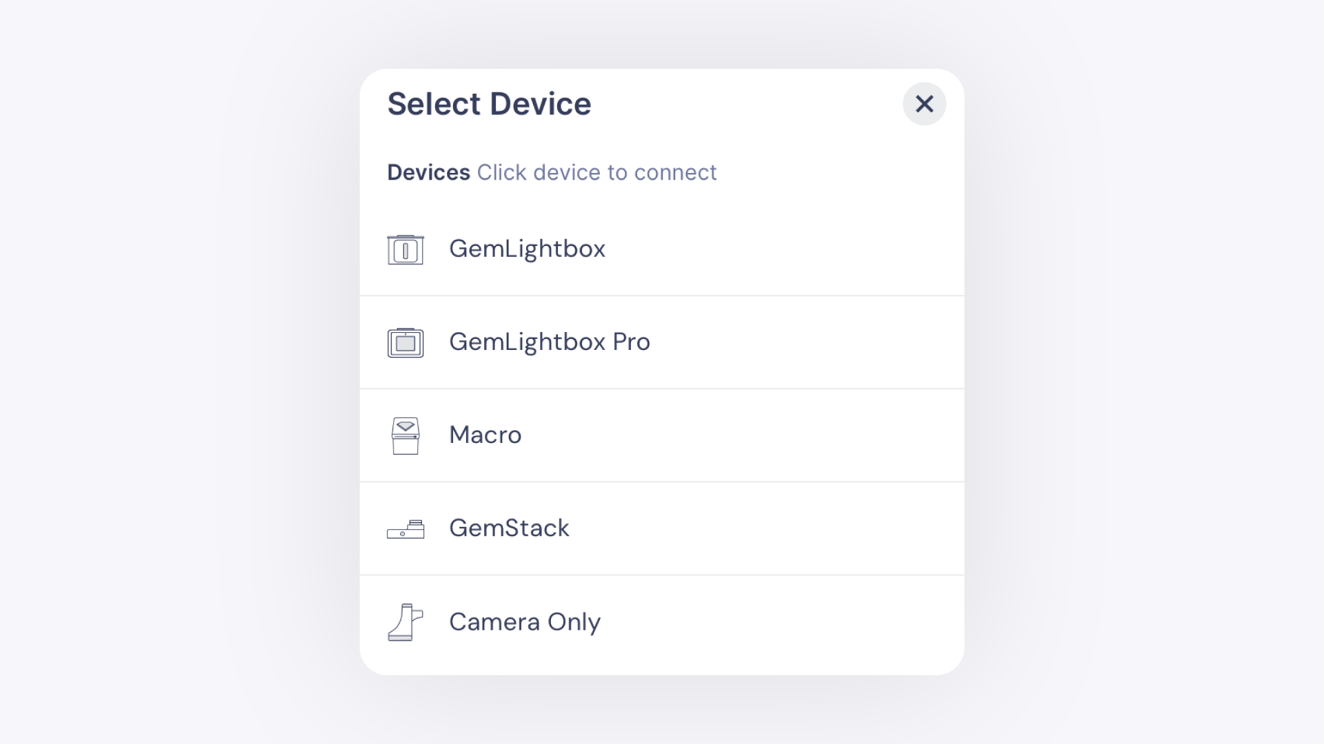 Device Selection List in the GemIQ app