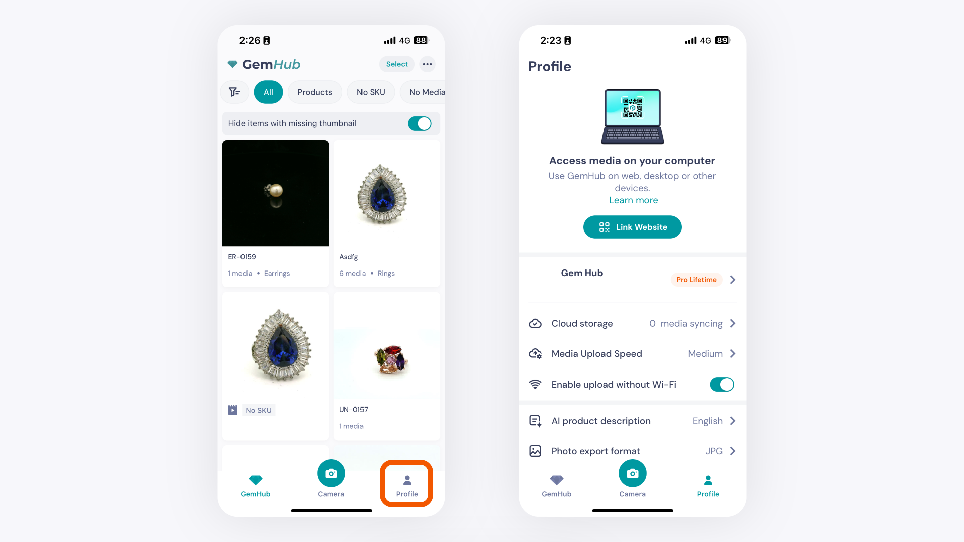 GemIQ app Profile Button in Bottom-Right Corner