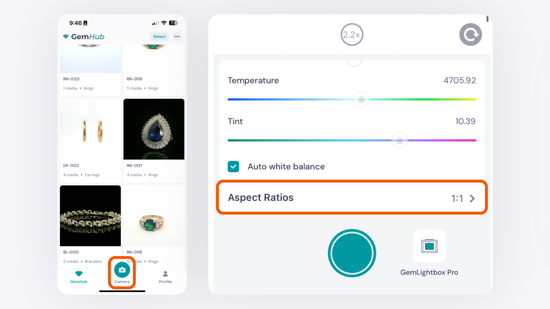 Aspect Ratio Option in the GemIQ app Camera