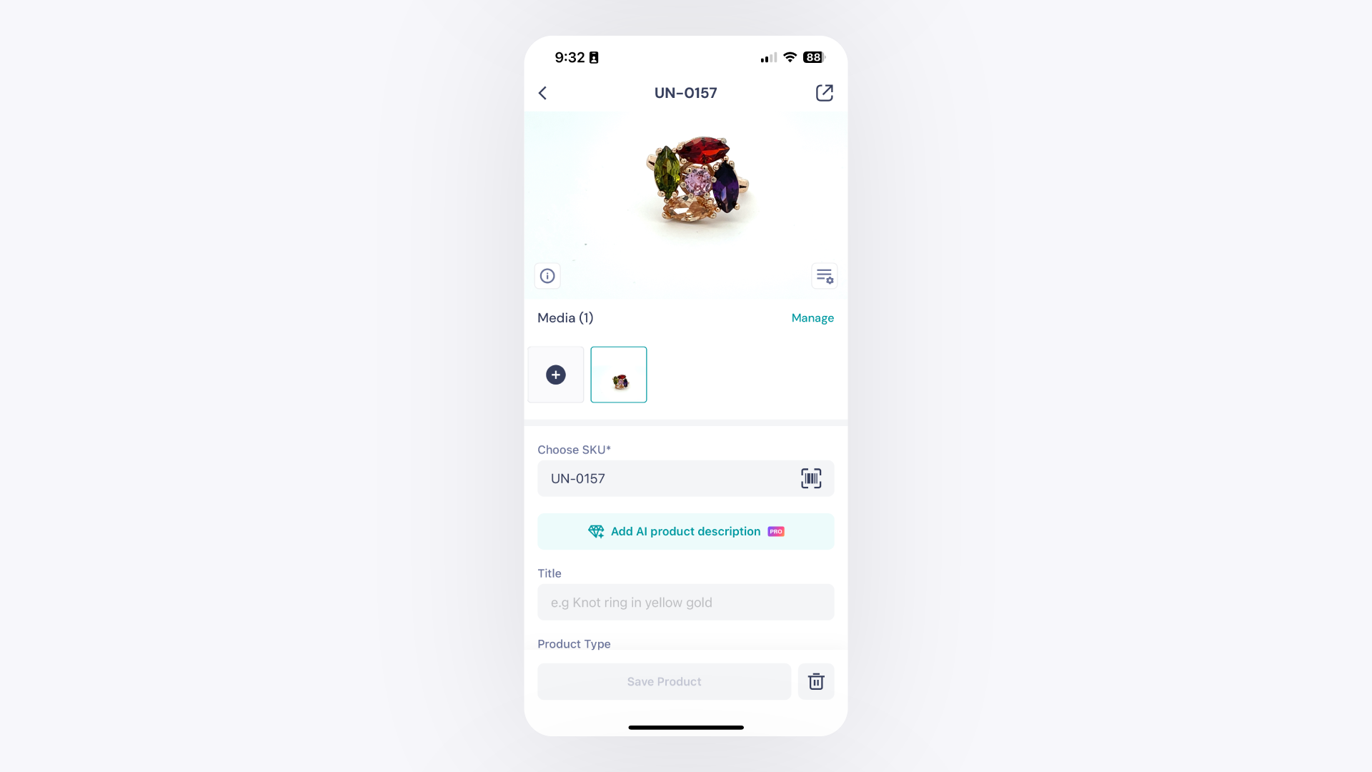 GemIQ app Product Screen Showing the SKU Field