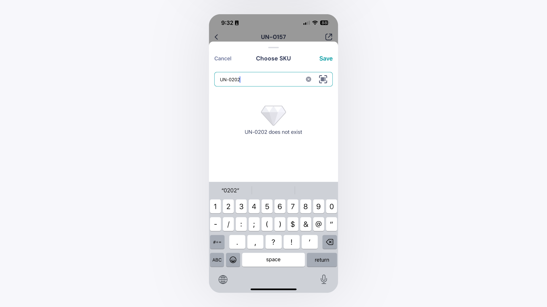 GemIQ app SKU Entry with Keyboard Open