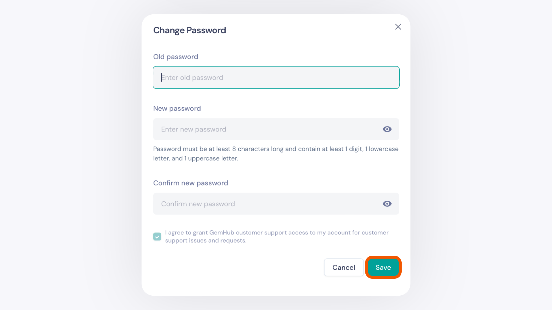 The "Change Password" dialog box with fields for current and new passwords.