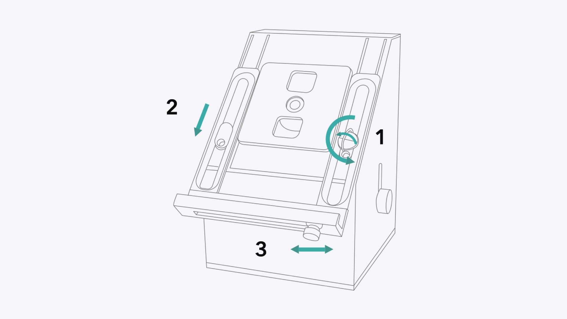 A diagram showing how to adjust the smartphone holder's height, width, and lock.
