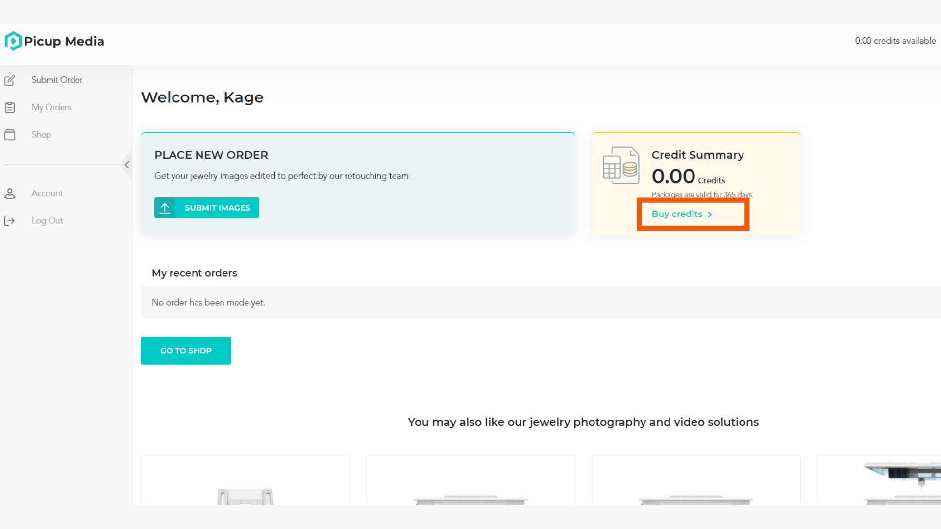 Retouching Dashboard Home Page — Buy Credits Option
