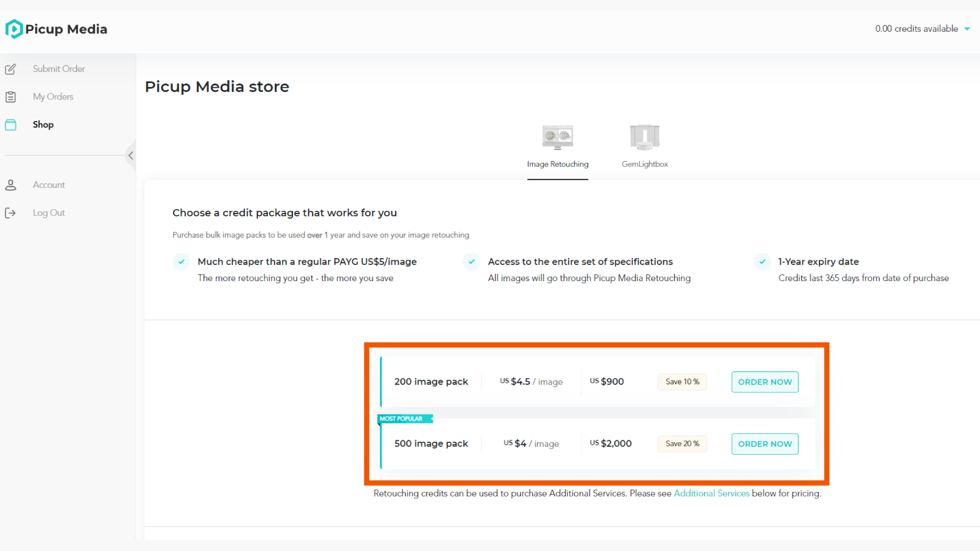 Retouching Credit Package Selection Screen
