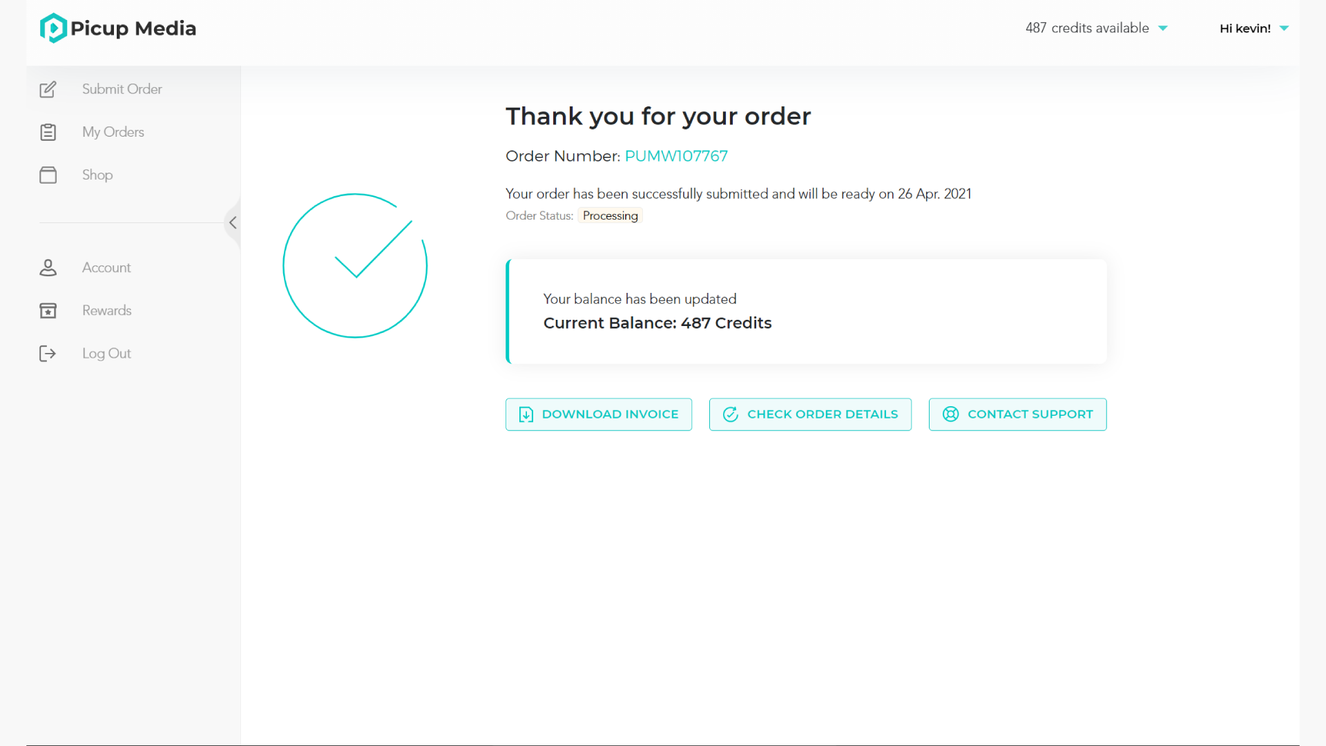 Order Confirmation Page With Remaining Credit Balance