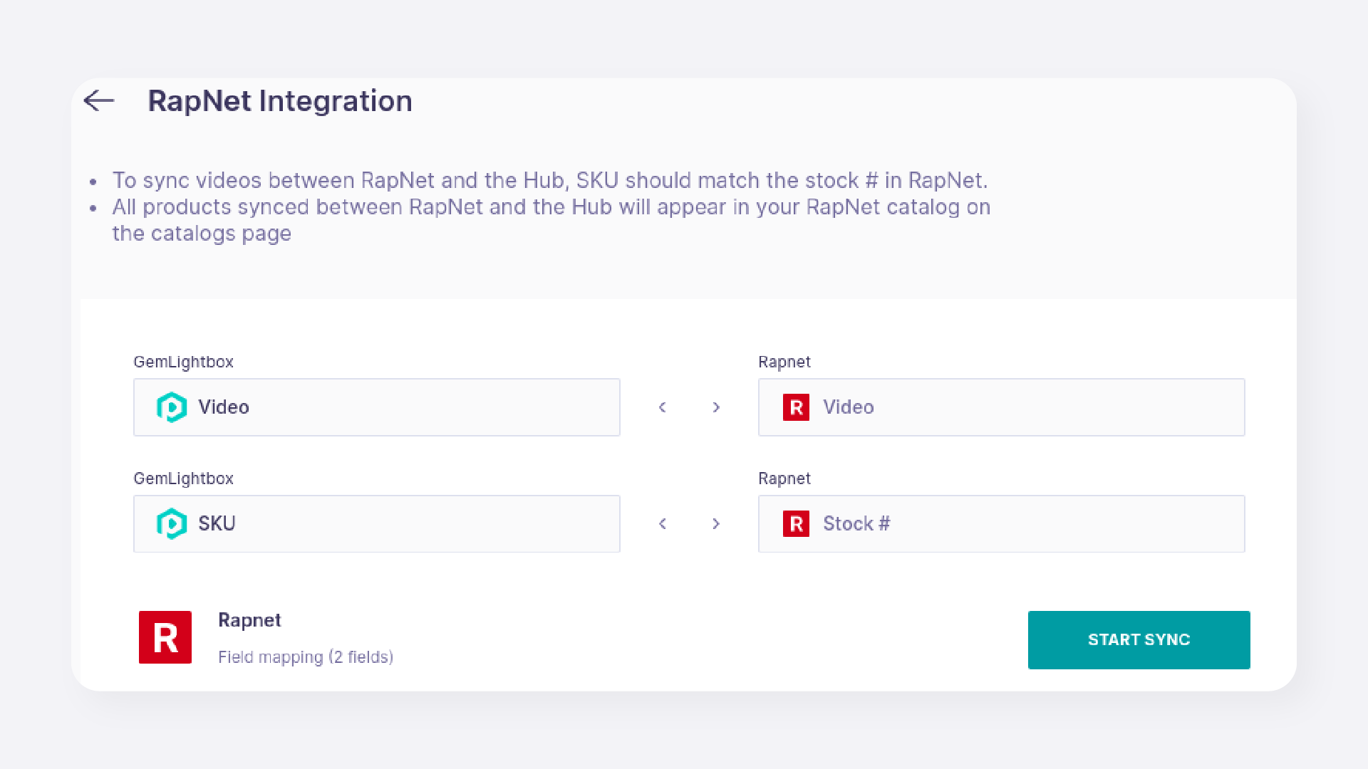 The RapNet integration configuration page in the GemIQ app showing sync settings.