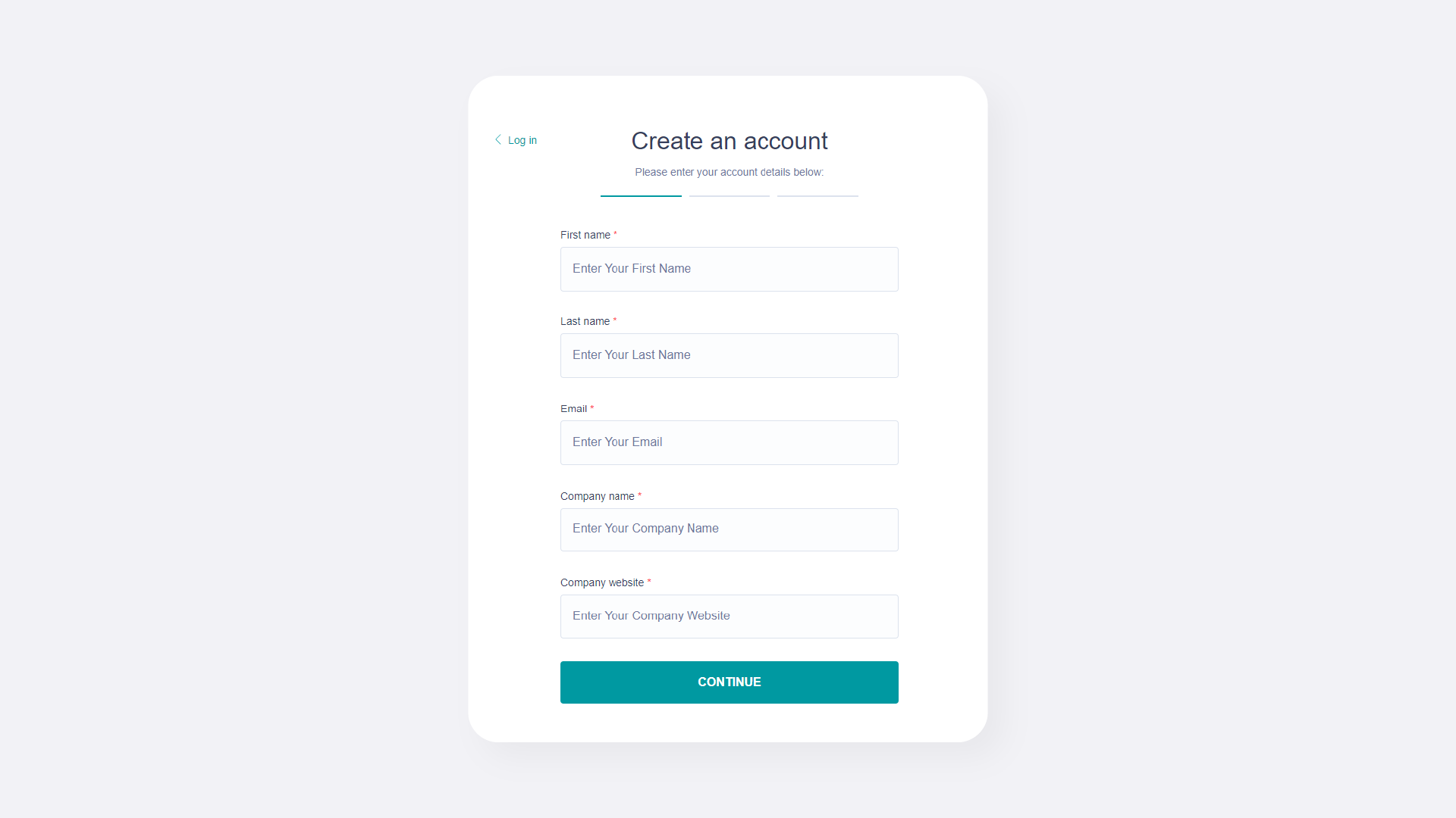 The First Page of the Account Creation Form Requesting Name, Website, and Email