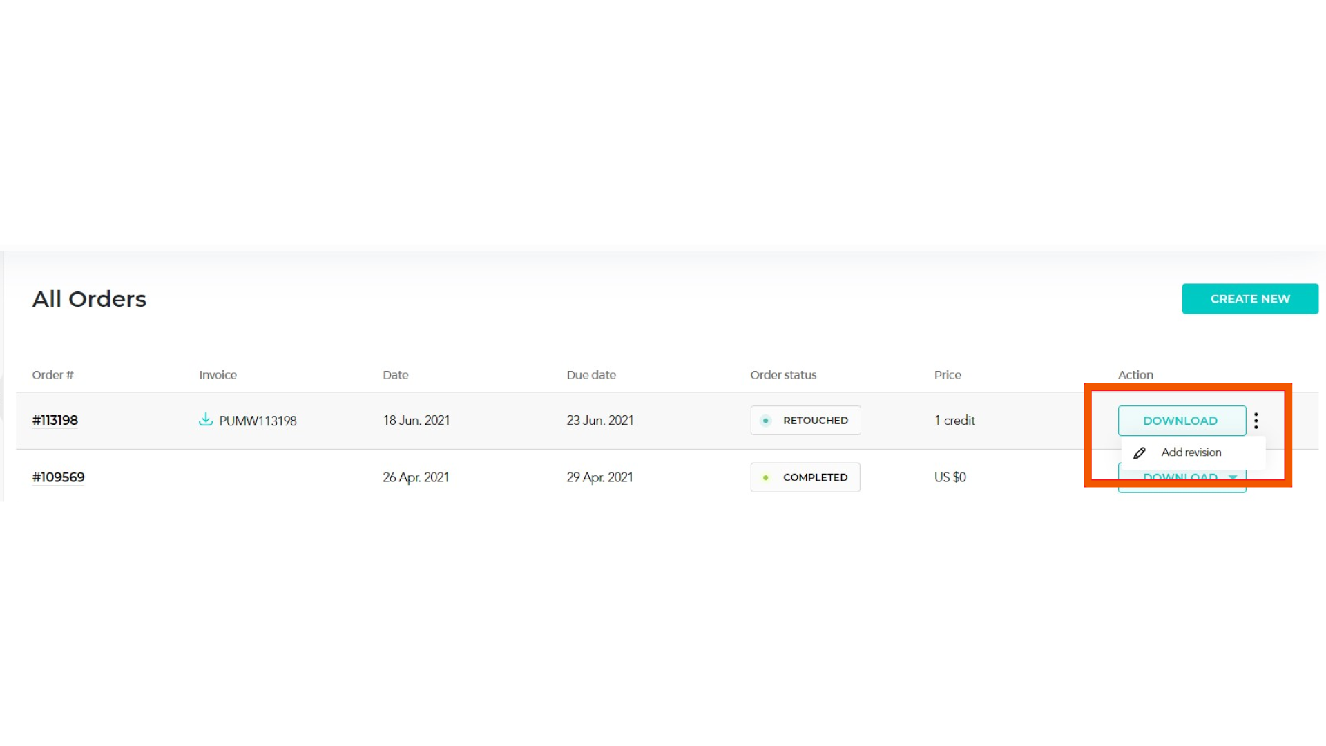Order Menu with Add Revision Option