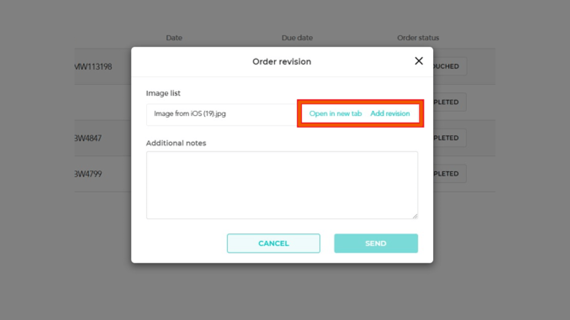 Image Selection Screen with Add Revision Button