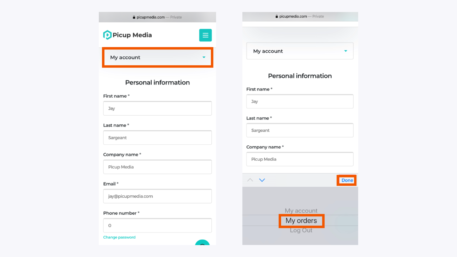 A Mobile Screen Showing the My Account Menu, With My Orders Circled and the Done Button Highlighted.