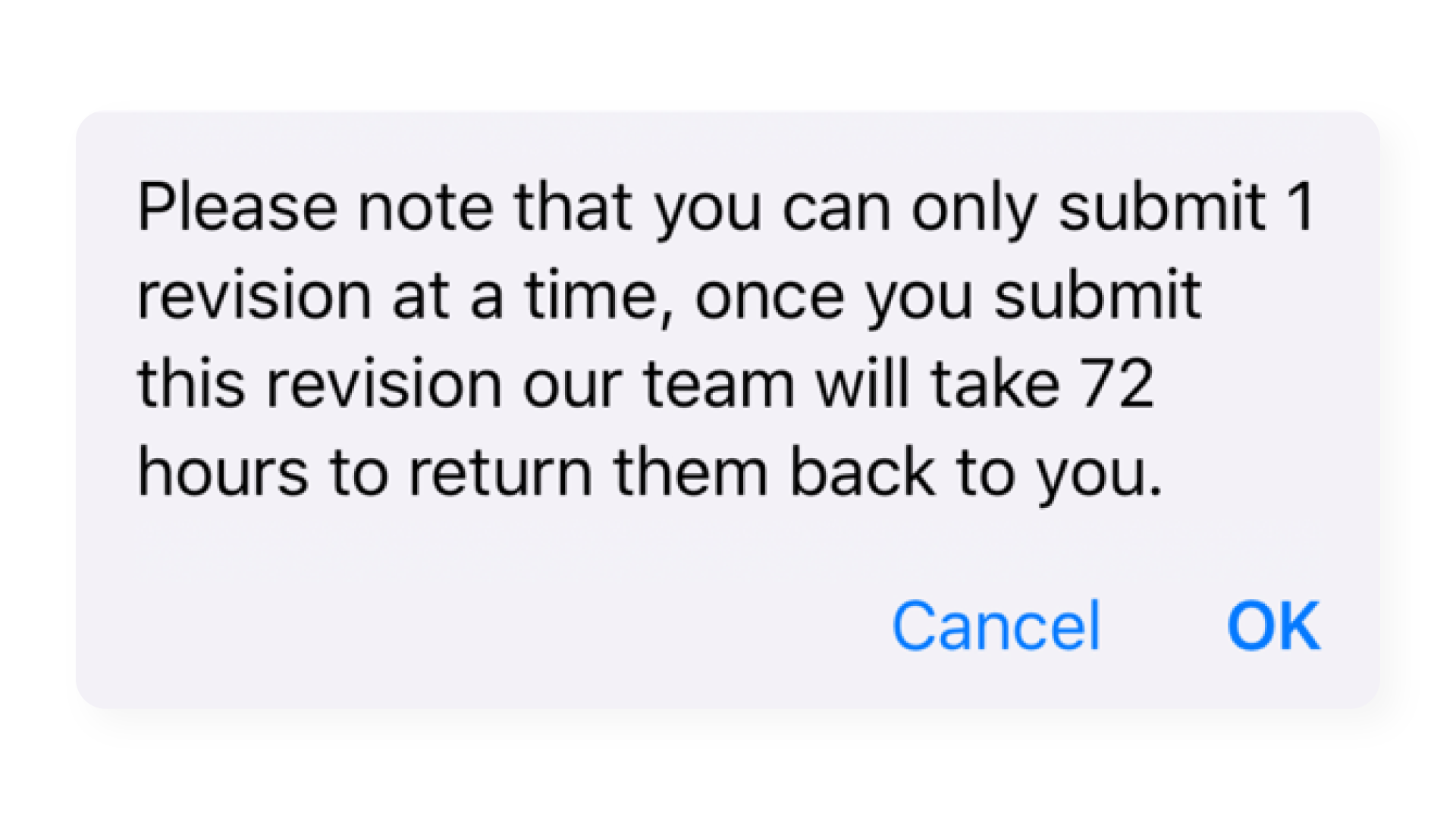 A Confirmation Pop-Up Message on a Mobile Screen for the User to Acknowledge Before Submitting the Revision.