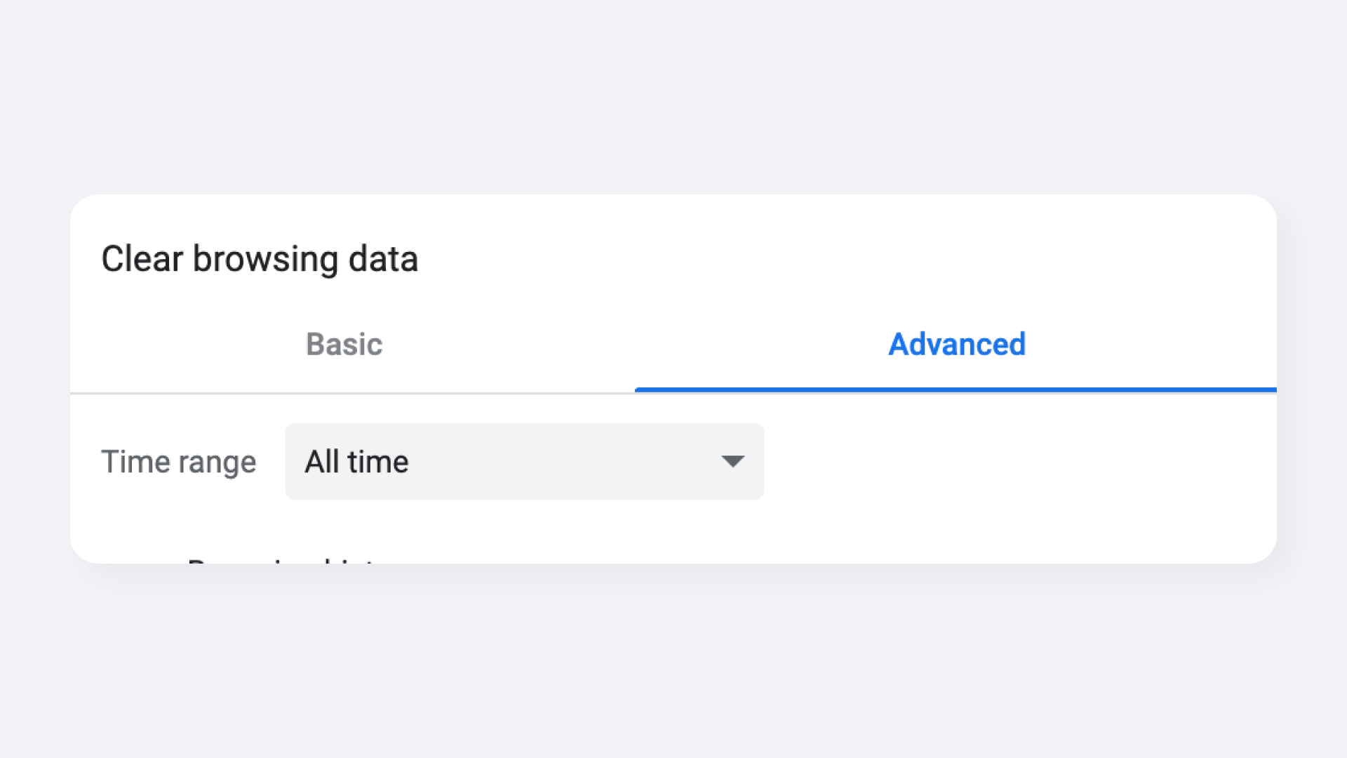 Chrome Clear Browsing Data — Advanced Tab With All Time Selected