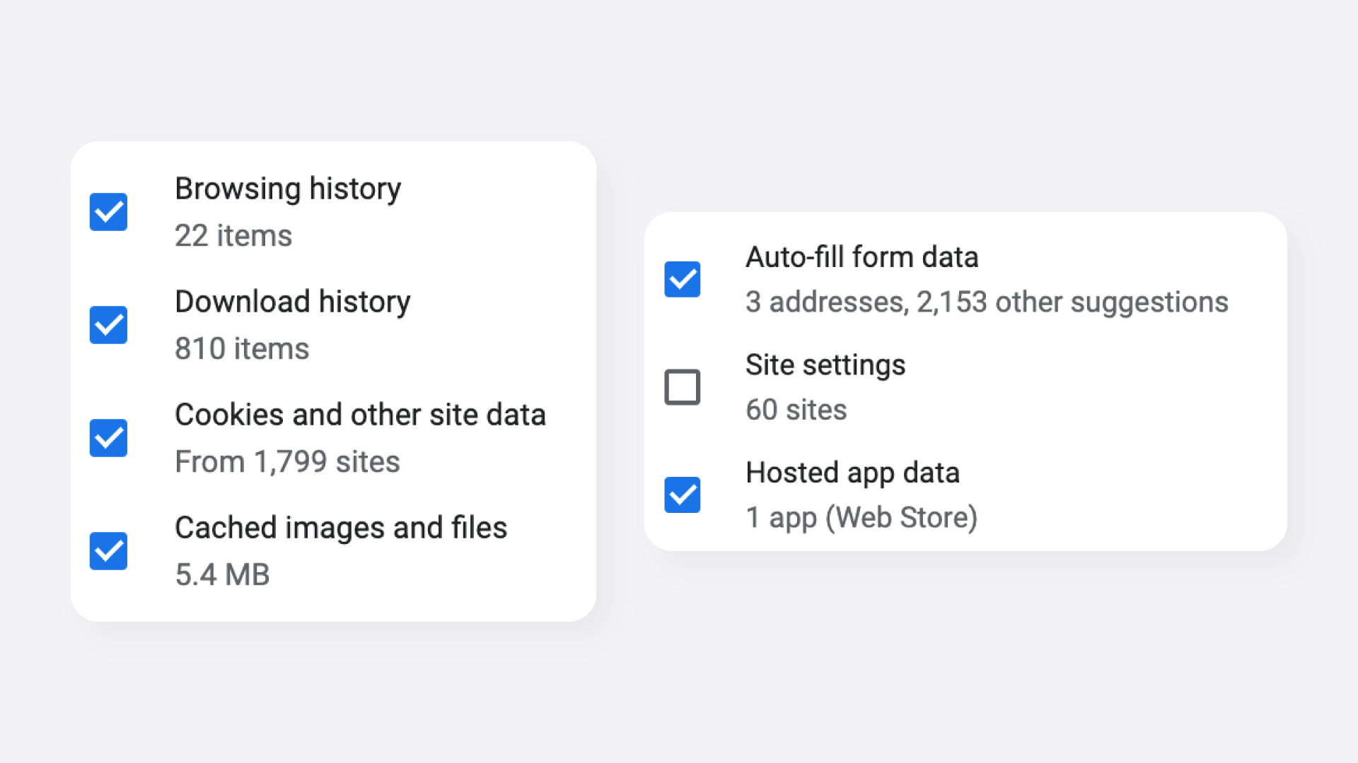 Chrome Clear Browsing Data — Required Checkboxes Selected