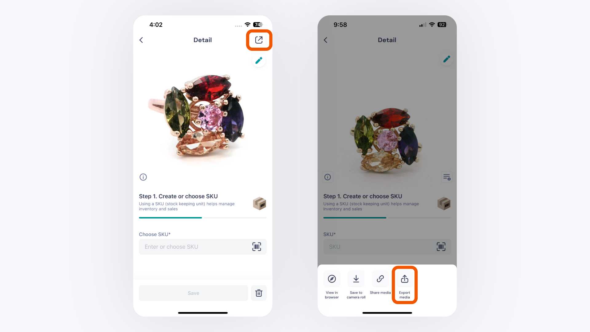 GemIQ app Export Media Options Screen