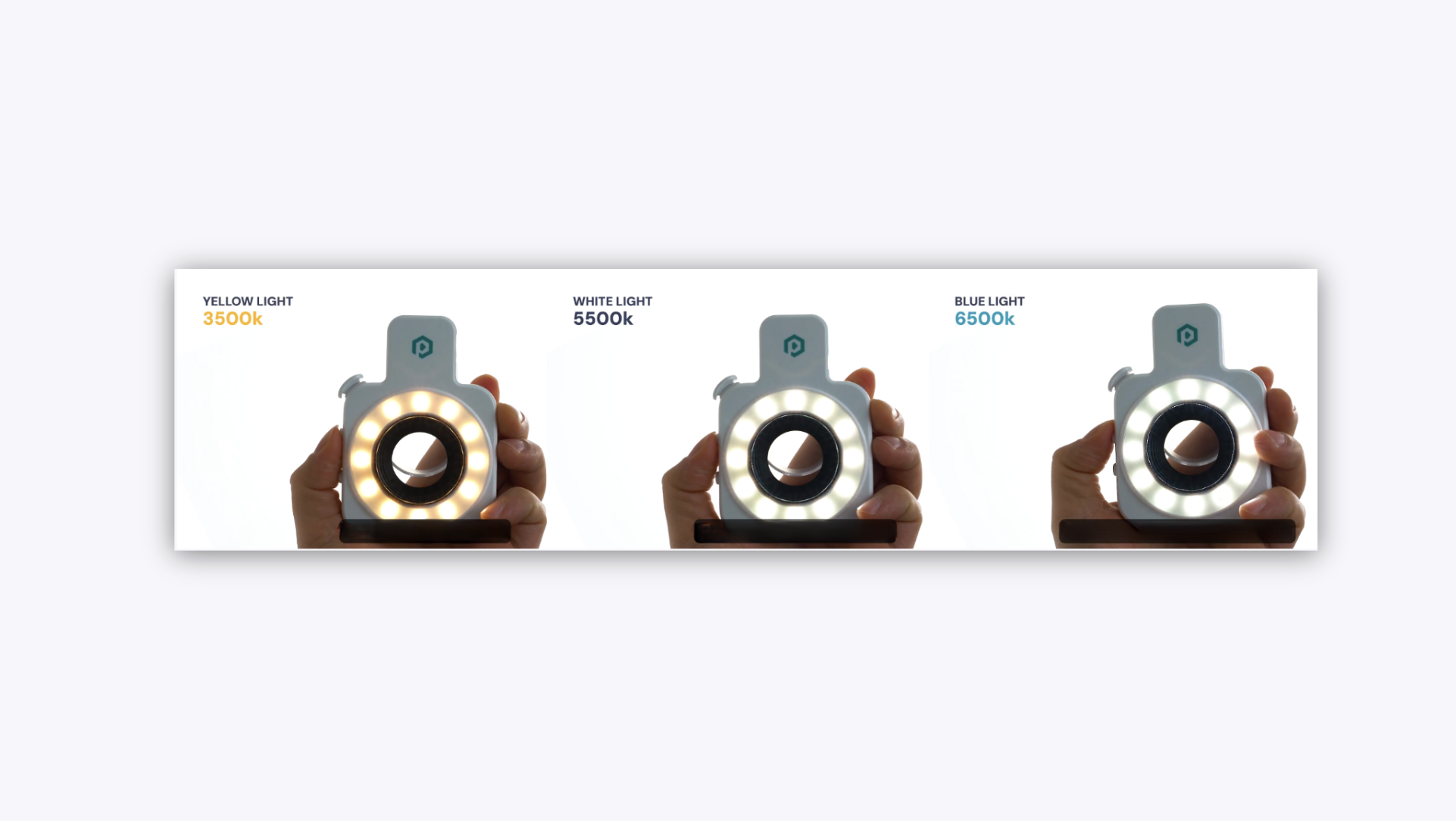 The three lighting color options of GemSparkle: Yellow, White, and Blue.