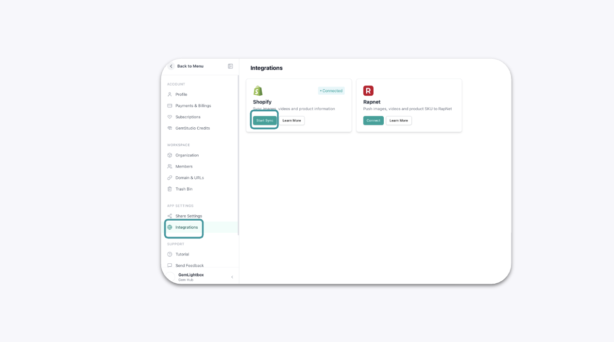 The integrations page in the GemIQ app with a cursor pointing to the Connect button for Shopify.