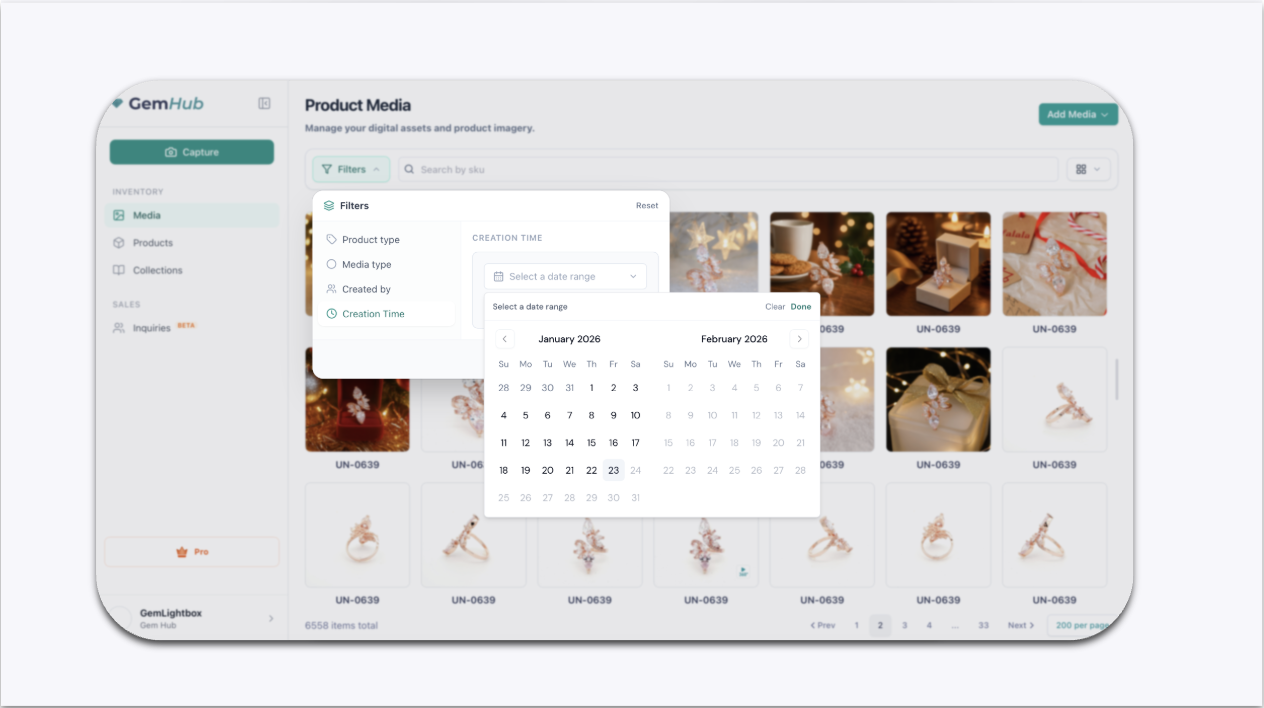 A calendar interface for selecting a date range to filter images.