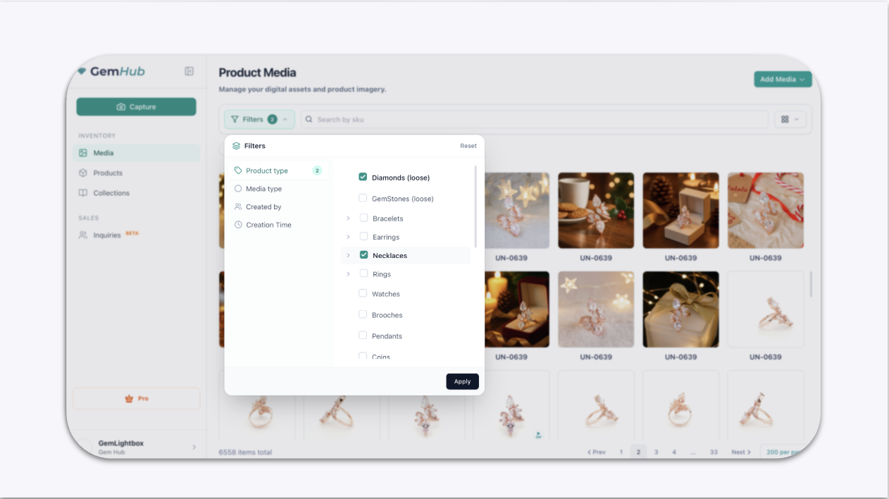 A dropdown menu showing product types like Ring, Bracelet, and Pendant.