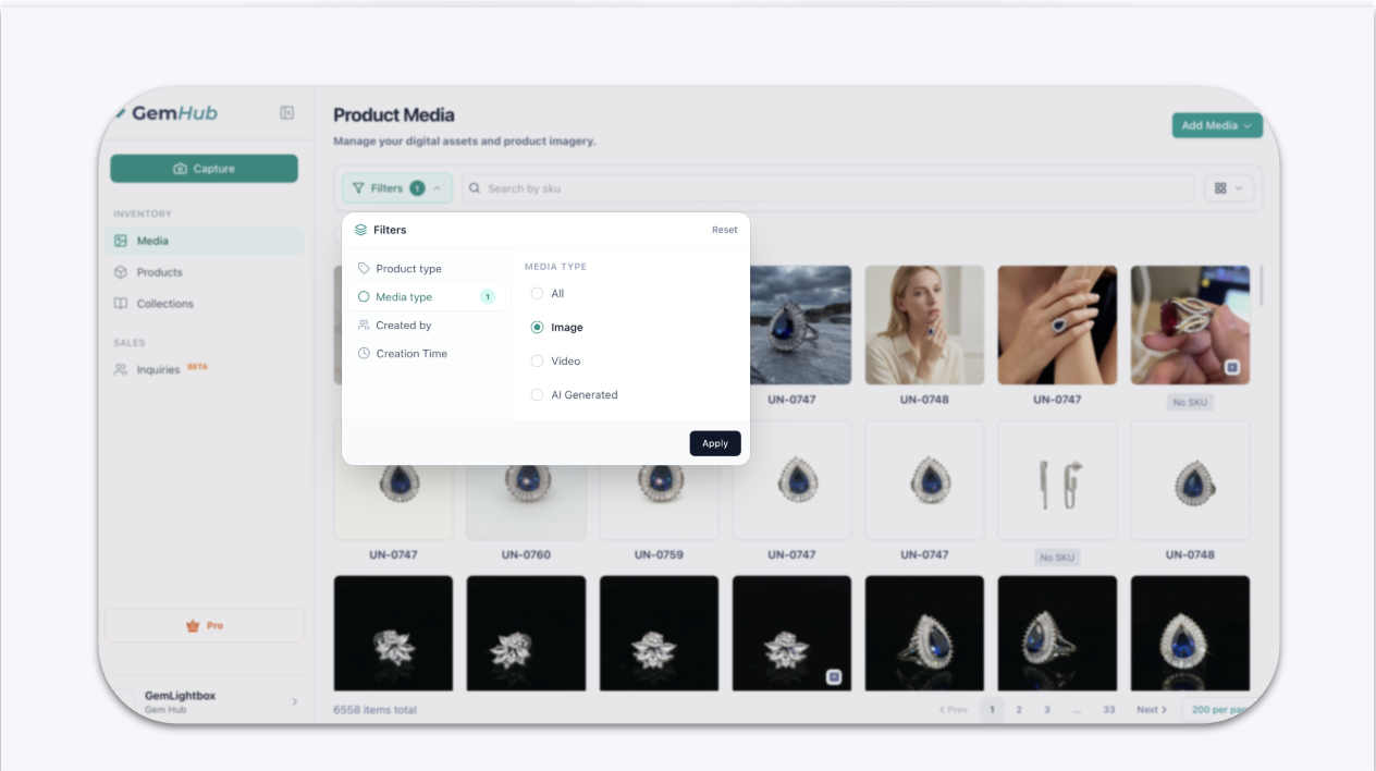 A dropdown menu for media type with options for Raw Images and Videos.