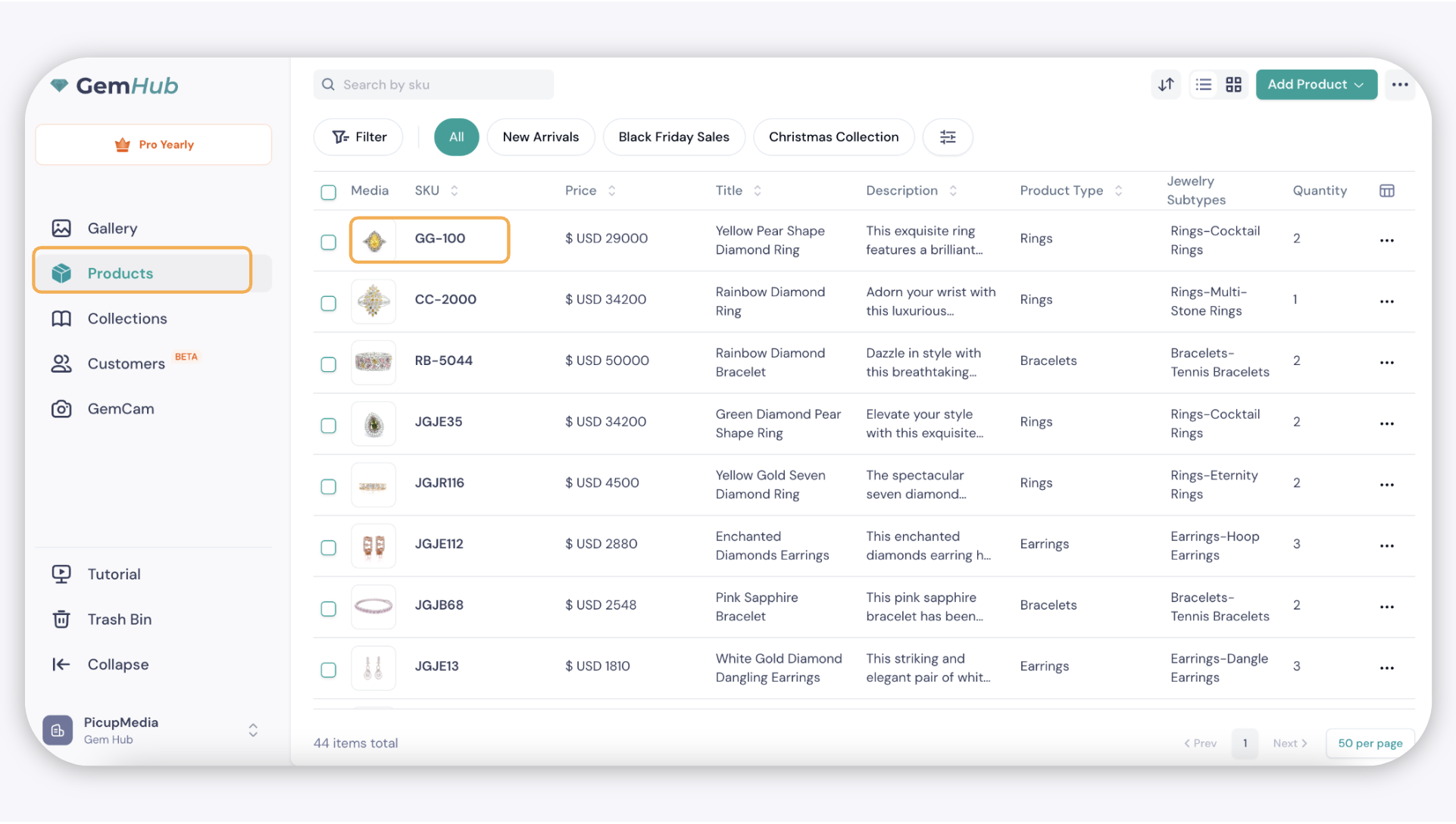 GemIQ app Products Section — SKU Details on Product Card