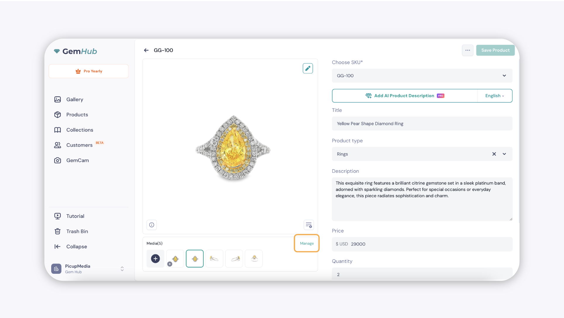 GemIQ app Product — Manage Button