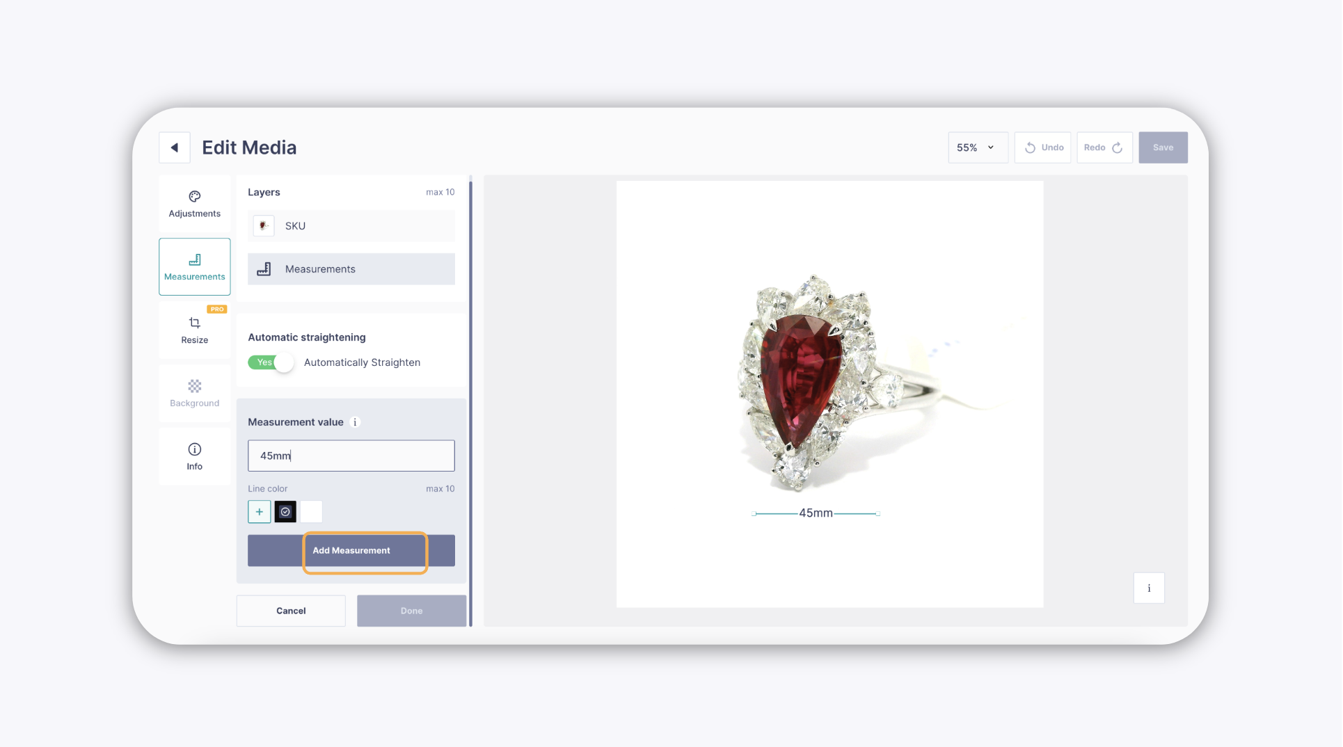 Measurement Line Drawn on a Jewelry Image With Dimension Label