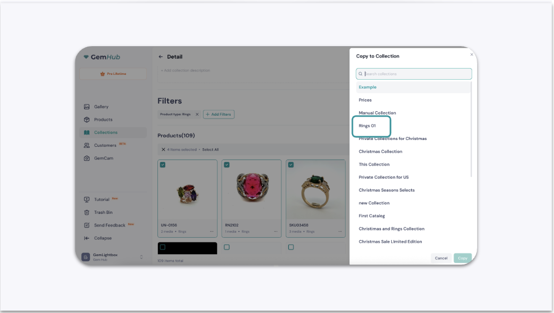 Selecting a destination collection from the list.