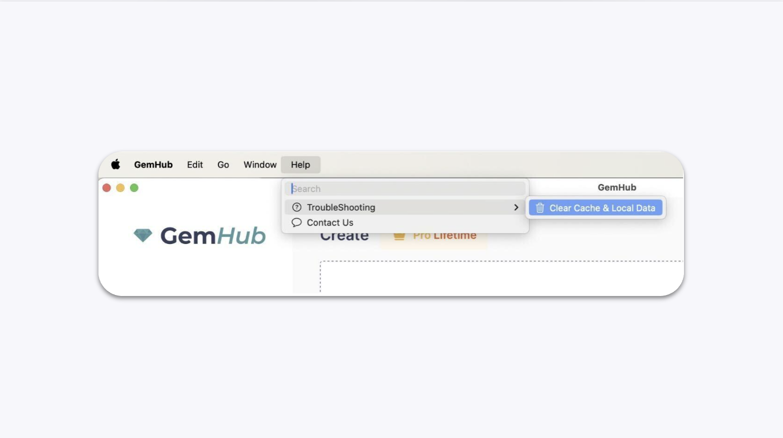 The Troubleshooting menu in the GemIQ app, with an arrow pointing to the 'Clear Cache and Local Data' button.