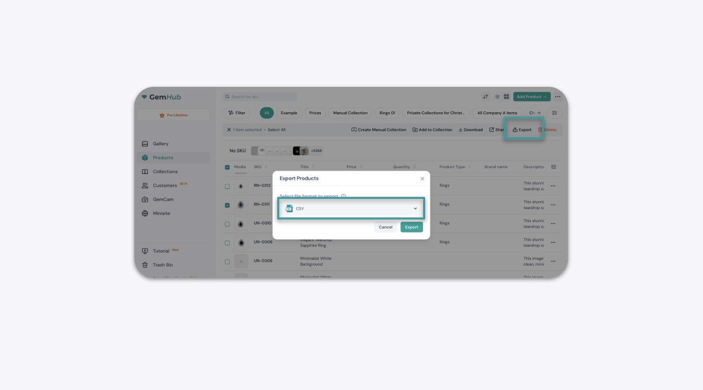 GemIQ app Products Export Screen