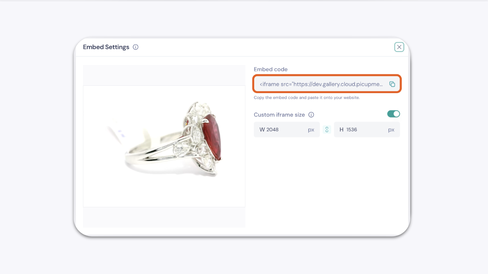 GemIQ app Embed Code Preview Window Showing the iFrame Code