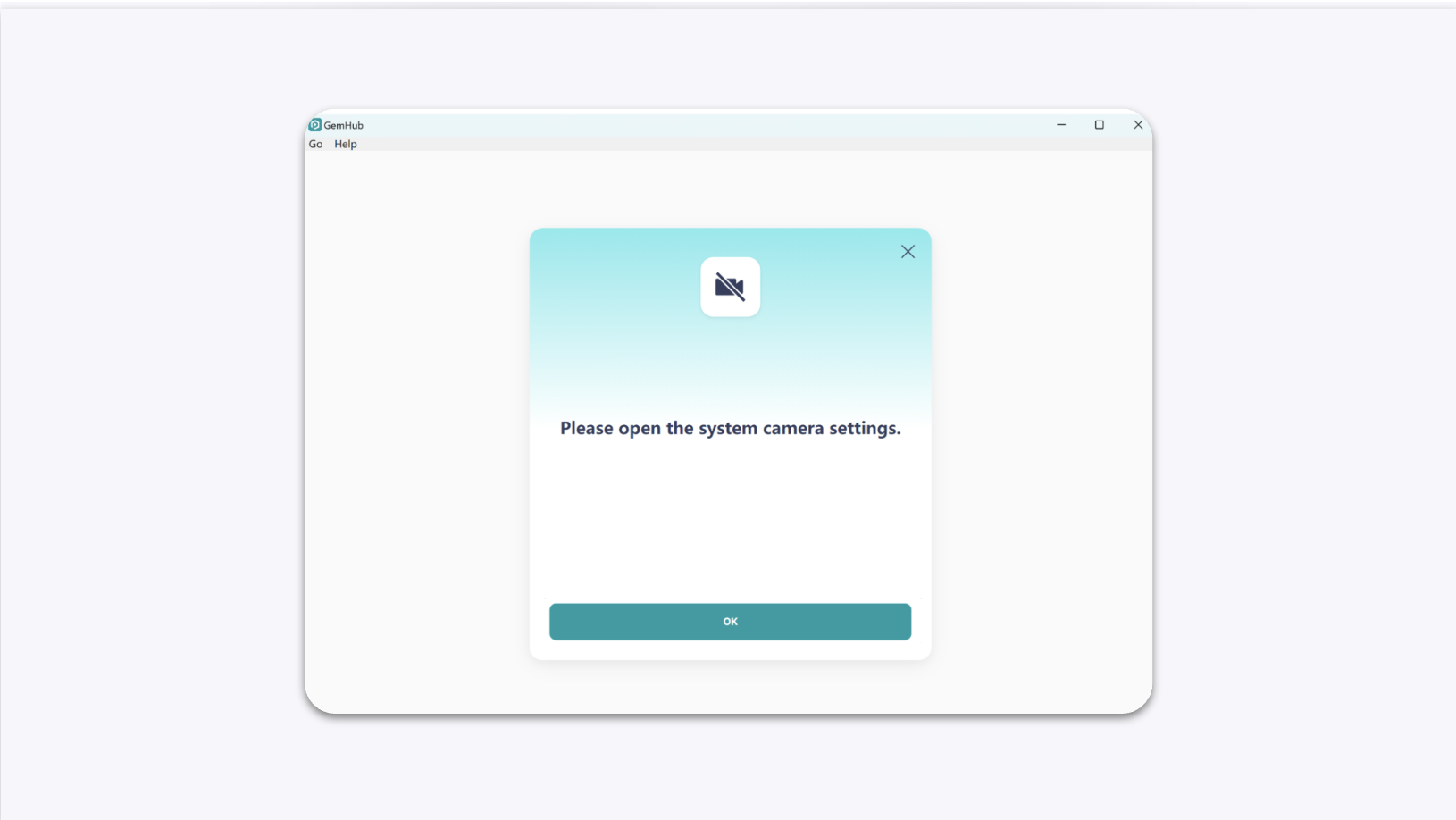 An error message in the GemIQ app that reads 'Could not open system camera settings. Please open them manually.'