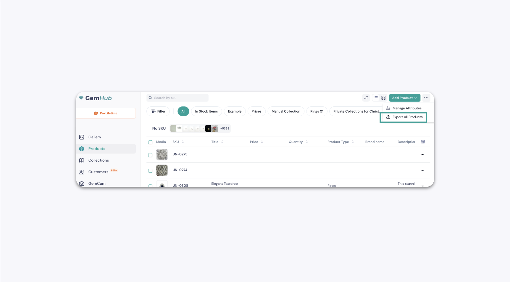 GemIQ app Products Page Options Menu