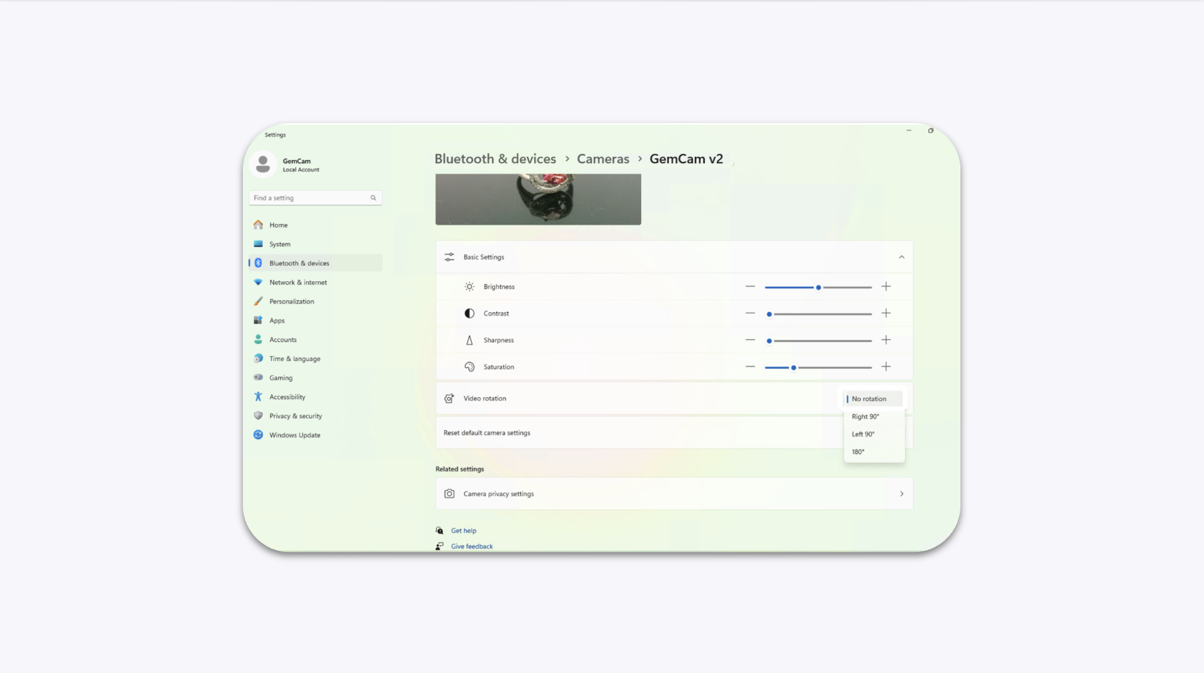 Windows Camera Settings for GemCam Showing the Video Rotation Option
