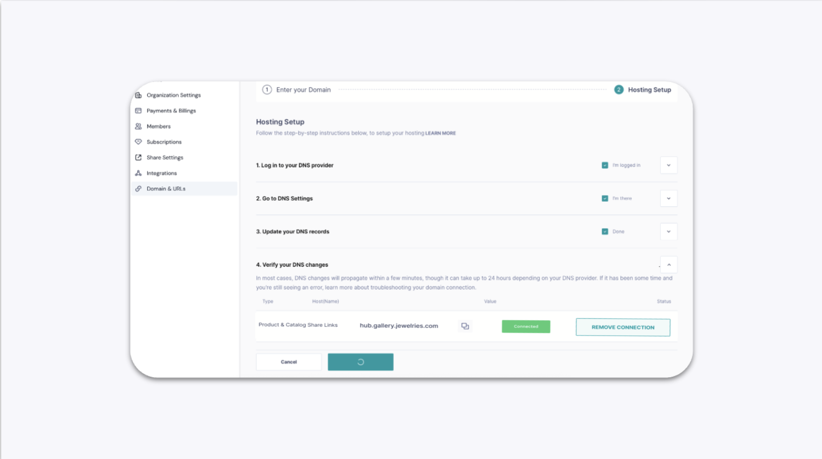 GemIQ app DNS Verification Tab Showing Connected Status