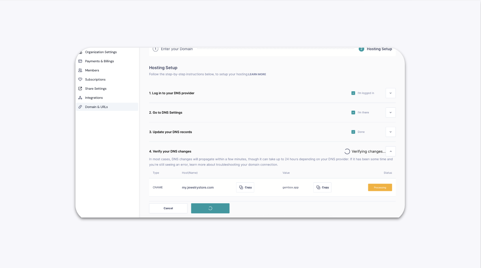 GemIQ app Hosting Setup Screen Showing DNS Records to Add