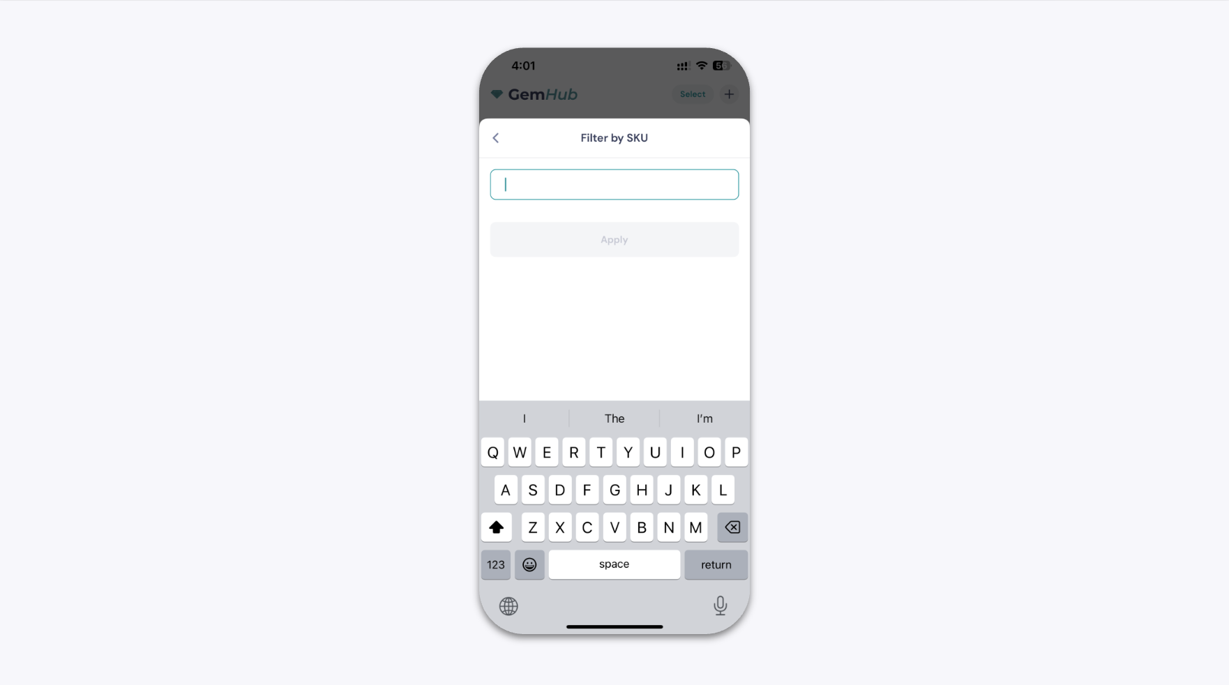 GemIQ app SKU Filter with Search Field Active