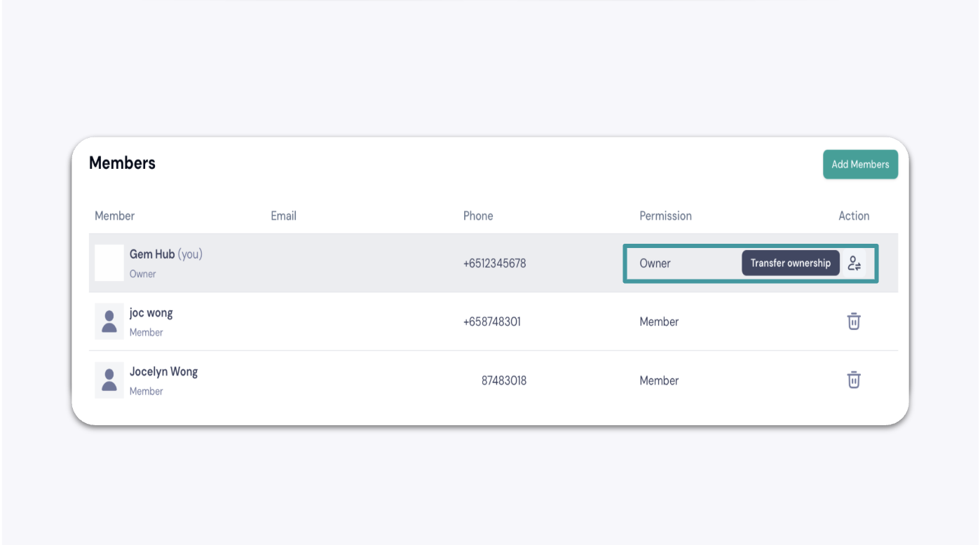 Transfer Ownership Button in the GemIQ app