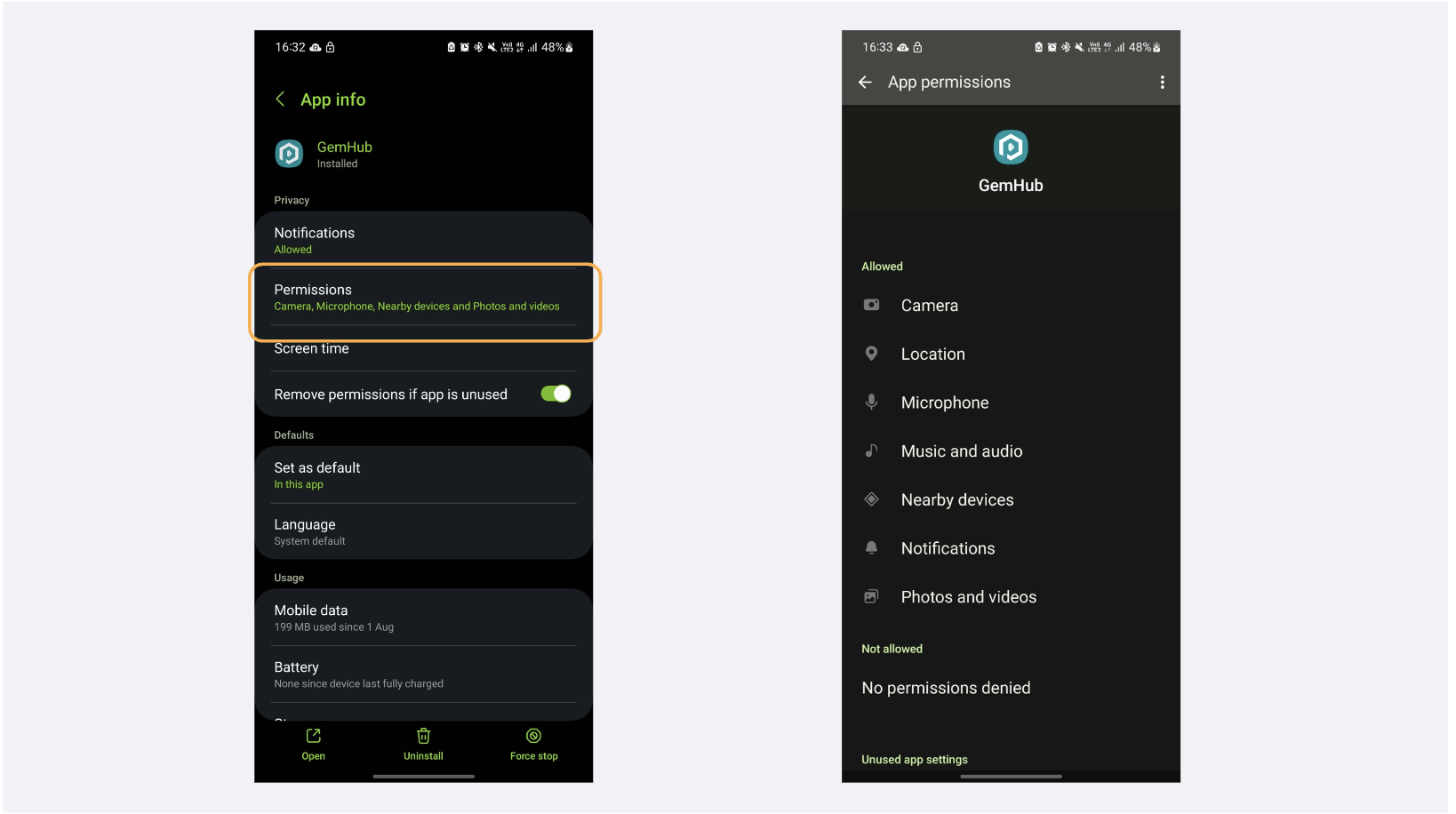 Android App Permissions Screen for GemIQ App